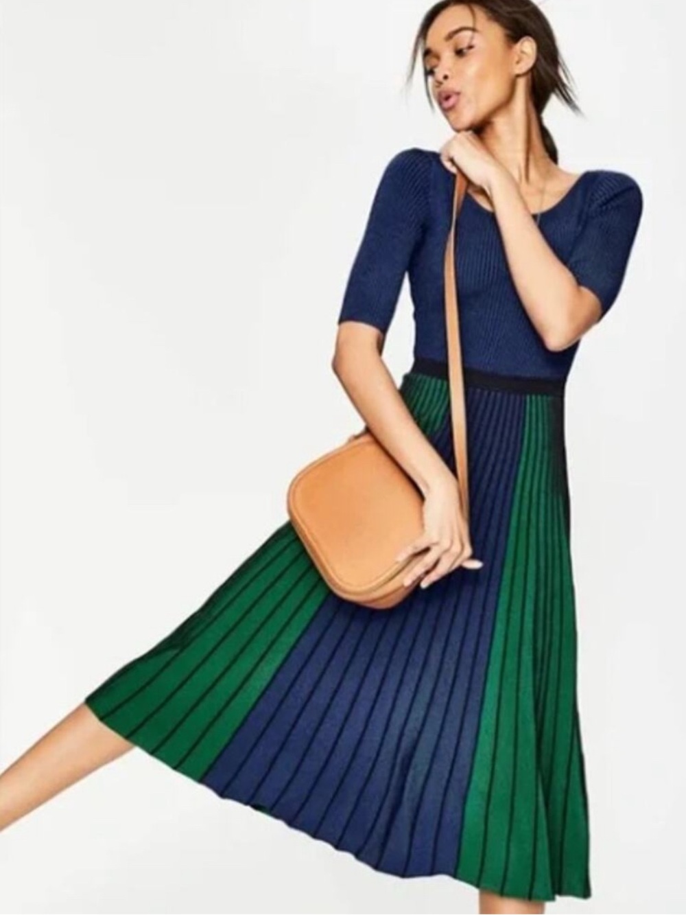 BODEN Brione Pleated Knit Color-block Midi Dress